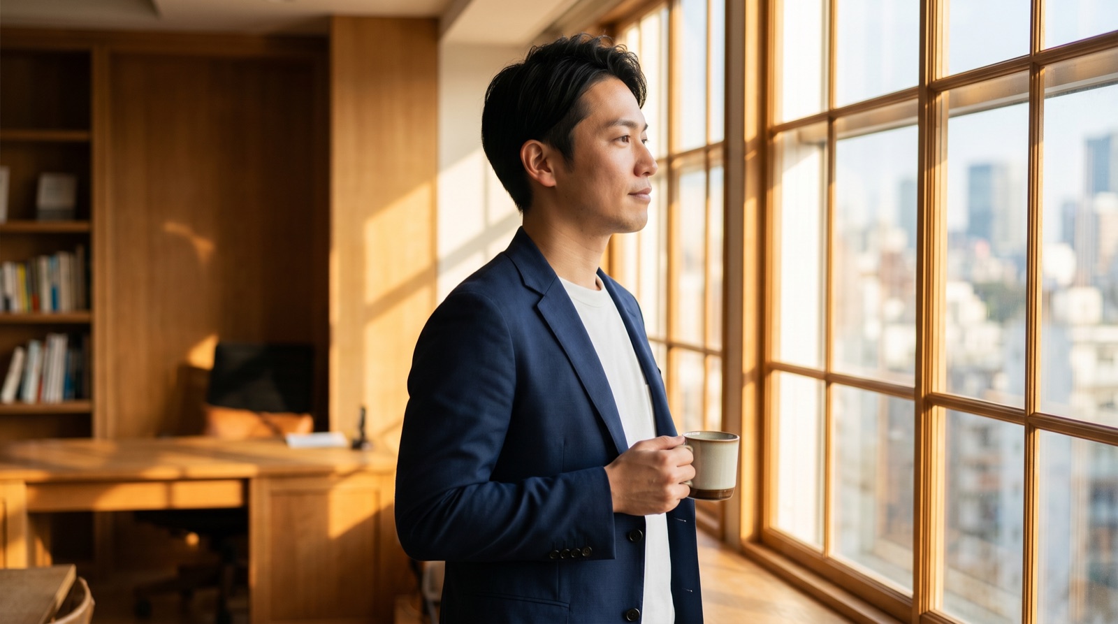 校舎長が校舎の窓際に立ち、コーヒーを手に外を眺めている場面