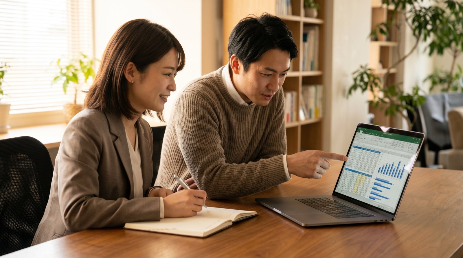 校舎長と SV が、校舎の数字を前に議論している場面