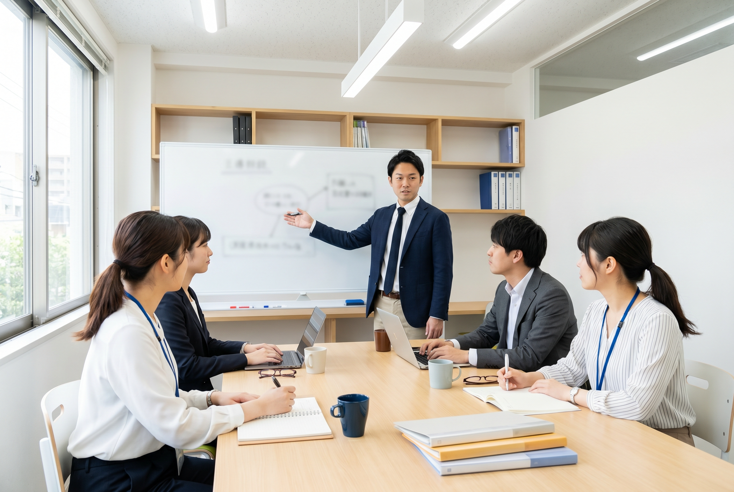 校舎長がメンバーと校舎の方針を議論している場面